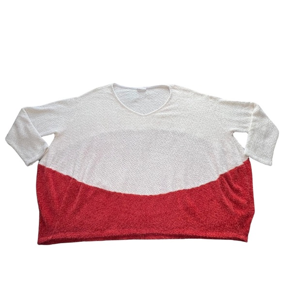 Bucket List Sweater 2 Tone V Neck Eyelash Knit Colorblock Ivory Orange Red Large - Picture 5 of 14